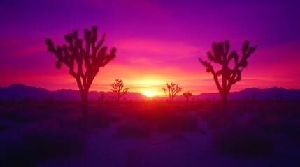 Fototapeta premium 68.A peaceful sunrise scene in Joshua Tree National Park, with the iconic Joshua trees dotting the arid landscape. The desert is illuminated by the early morning sun, casting long shadows and a warm