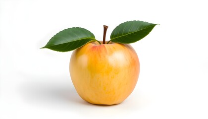 Ripe yellow apple with green leaf isolated on a white background.