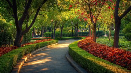 Naklejka premium 58.A quiet, inviting path in Queen Sirikit Park, Bangkok, lined with well-manicured hedges and flowering shrubs. The walkway curves gently through the park, with patches of sunlight breaking through