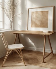 Minimalist Scandinavian Design Interior Scene with Wooden Desk and Chair in Soft Natural Lighting