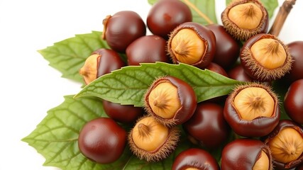 Fresh chestnuts with vibrant green chestnut leafs isolated on a white background, healthy, vibrant