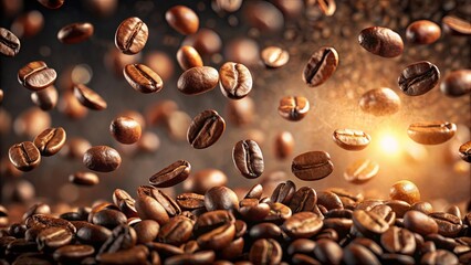 Roasted coffee beans levitate and fall onto a pile of others, creating a dynamic, appetizing image perfect for advertising or packaging.