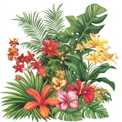 Vibrant tropical flowers and lush foliage arrangement.