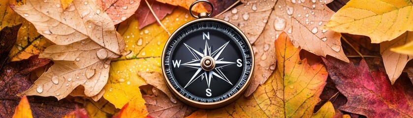 Fototapeta premium compass traveler navigation tool morning Concept. Compass on colorful autumn leaves background.
