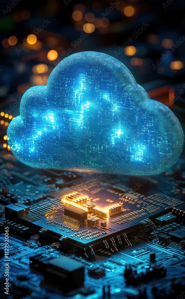Poster digital cloud computing concept with circuit board background illustrating data storage and connecti