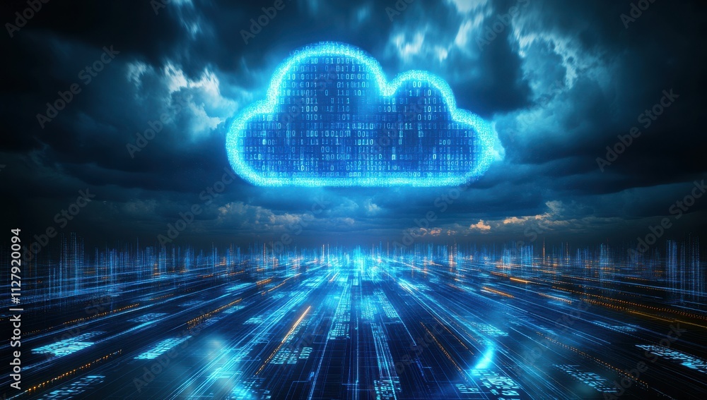 Poster digital cloud computing concept with binary code over abstract background of dark stormy sky and fut