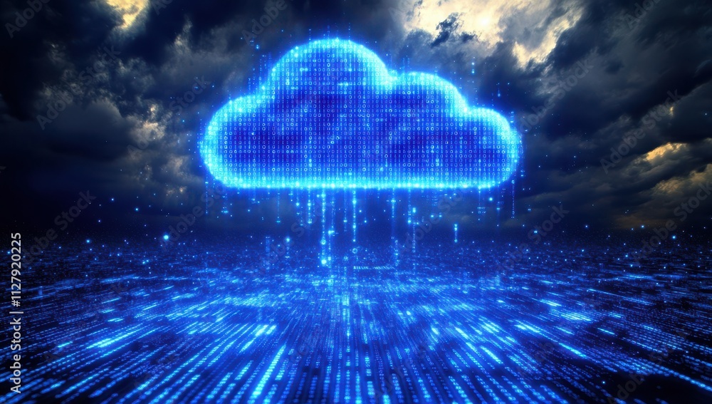 Poster digital cloud computing concept with glowing blue data streams and a dynamic sky, illustrating techn