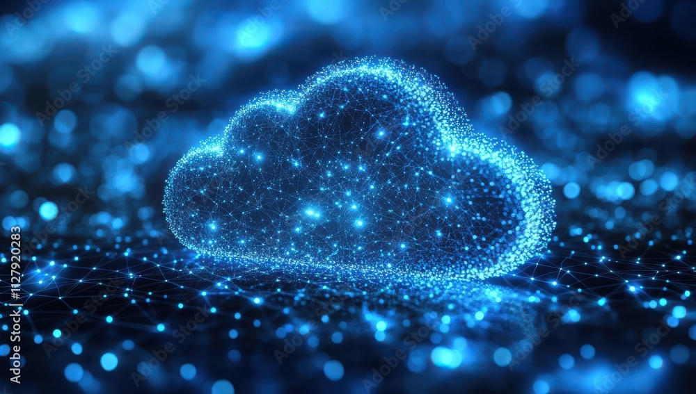 Poster digital cloud computing concept with glowing blue particles and abstract network background represen
