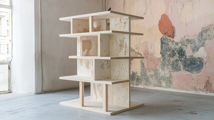 Minimalist Wooden Shelf Design on Textured Wall Background