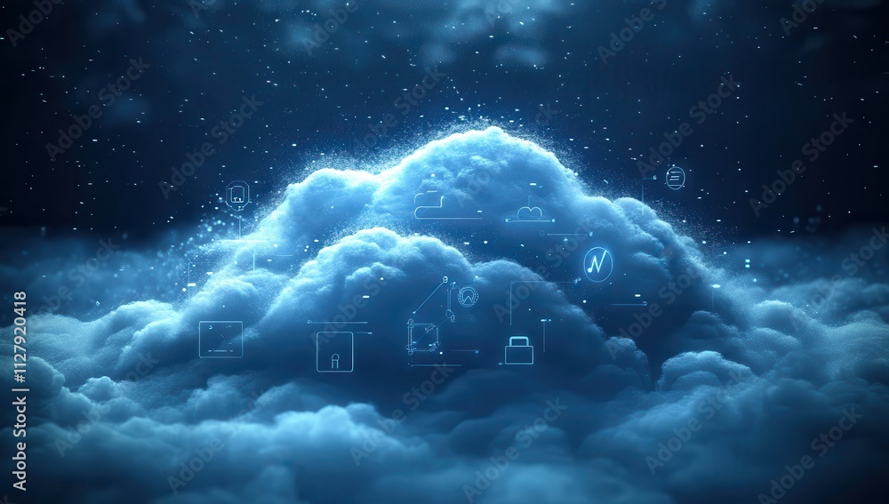 Poster digital cloud concept with abstract icons and symbols representing data storage, technology, and vir