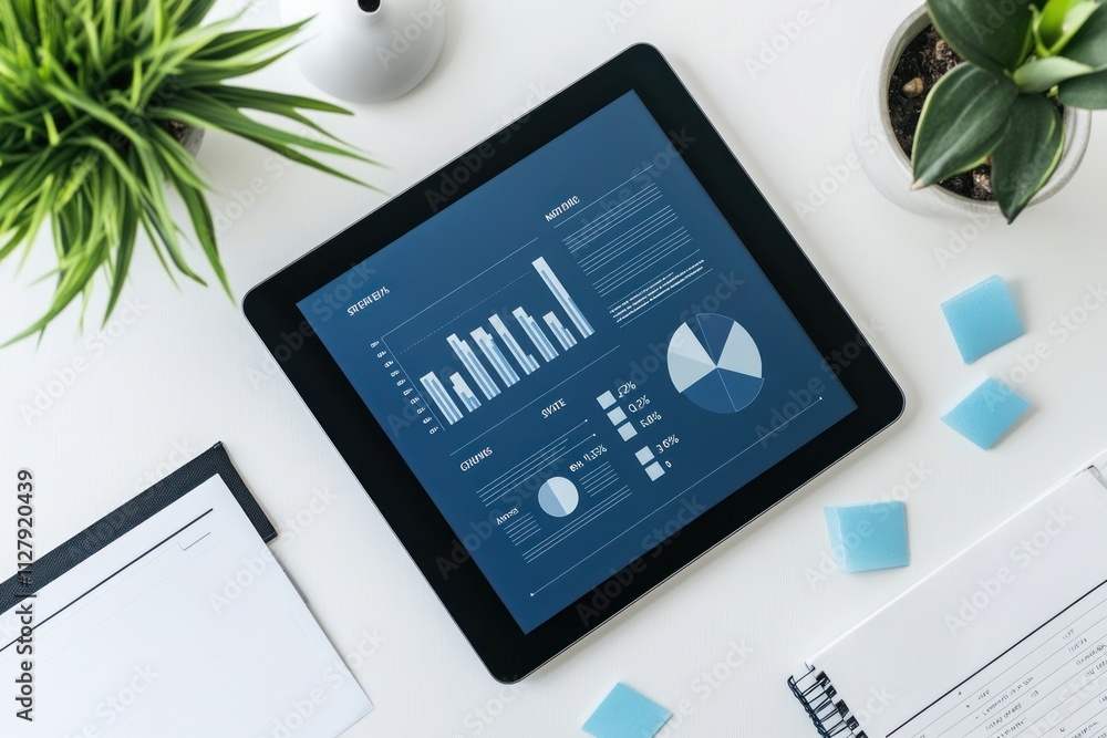 Poster flat lay of tablet displaying business charts & graphs on white desk.