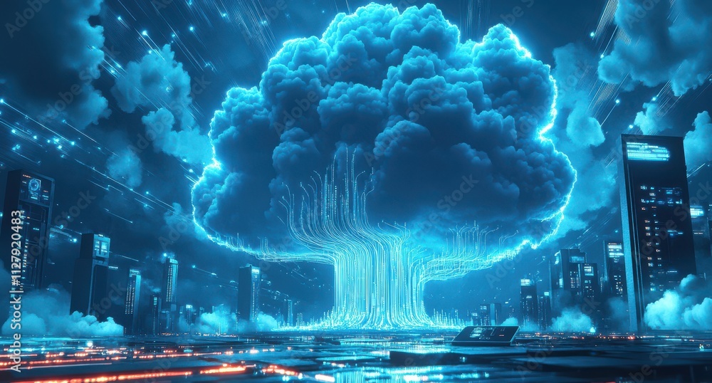 Poster Digital Cloud Concept with Glowing Tree Structure Representing Data Flow and Technology Integration in Futuristic Urban Environment