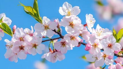 Obraz premium 90.A selective focus on cherry blossom branches covered in soft, pink blooms under a crisp blue sky. The delicate petals create a vibrant yet soothing pattern against the sky, with sunlight casting