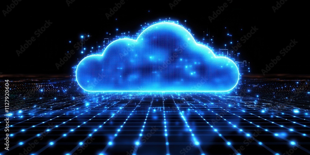 Poster digital cloud icon representing data storage and connectivity in modern technology with a futuristic