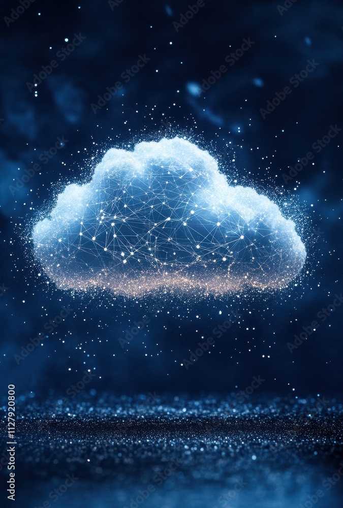 Poster digital cloud representation with glowing particles and connecting lines against a dark background, 