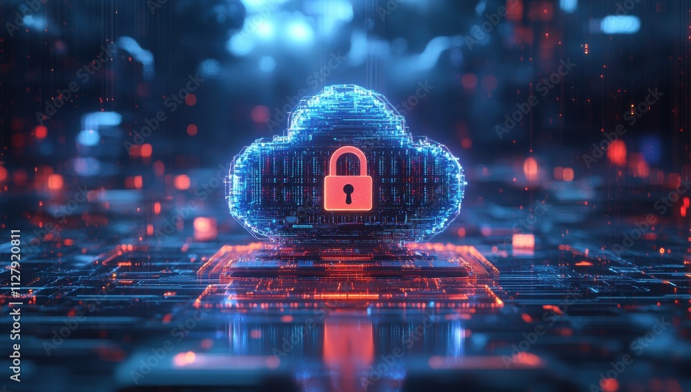 Poster digital cloud security concept with lock symbol and futuristic technology elements representing data