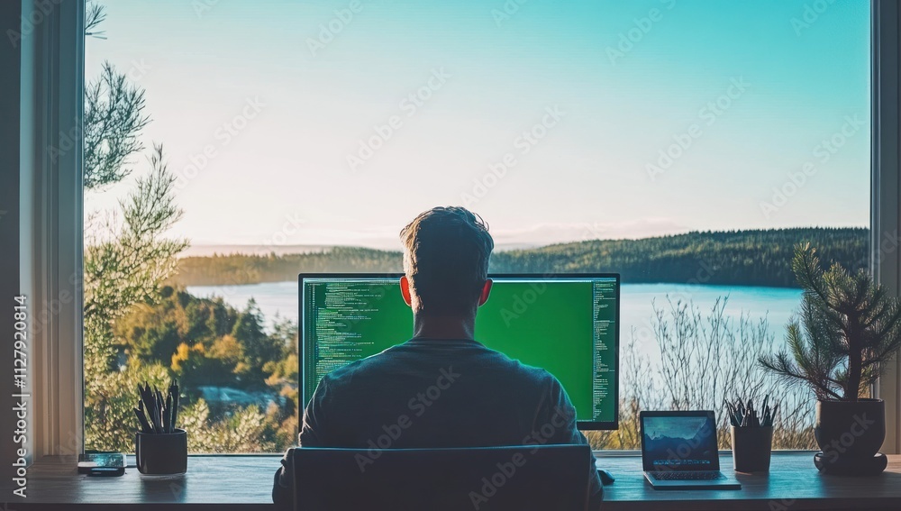 Aufkleber man works remotely at home office with scenic view.