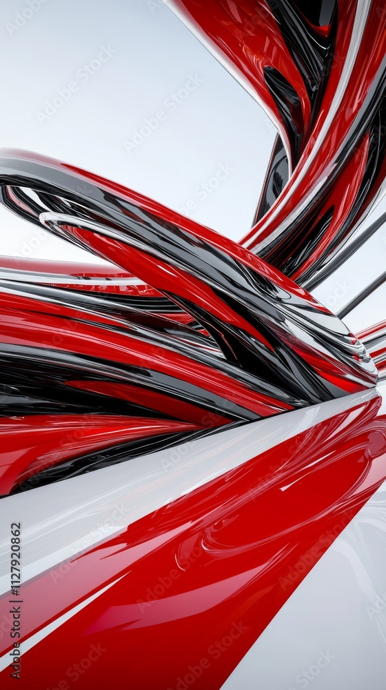 Poster abstract red and black twisting design showcasing fluid curves in a modern artistic style