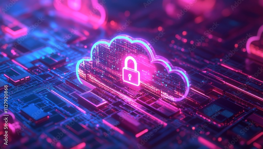Poster digital cloud security concept with padlock symbol, glowing circuits and neon colors representing mo