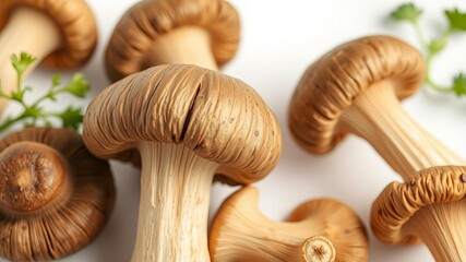 Fresh shiitake mushroom with smooth brown caps and white stems, isolated on a clean white background, culinary, gourmet