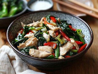 colorful chicken and vegetable stir fry in bowl, showcasing fresh ingredients and vibrant colors