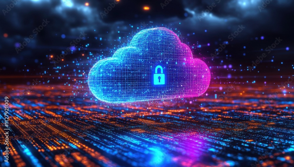Poster digital cloud technology concept with glowing lock symbol representing data security, virtual storag