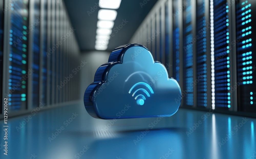 Aufkleber digital cloud technology concept with wireless signal on cloud symbol in modern data center with blu