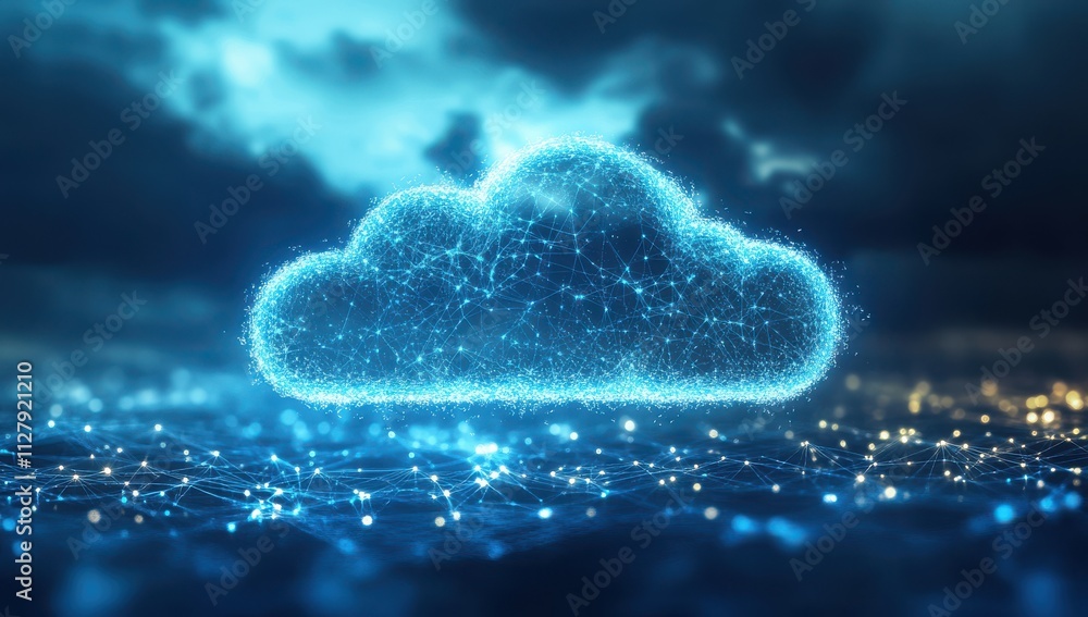Poster digital cloud with glowing connections over a blue background representing technology and data in a 