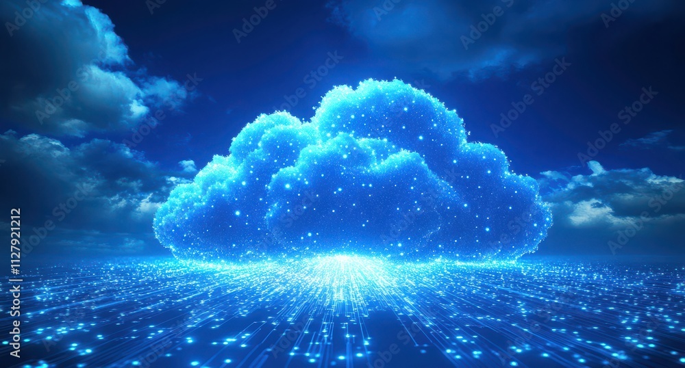Poster digital cloud with glowing particles illuminating a futuristic landscape under a starry sky in an ab
