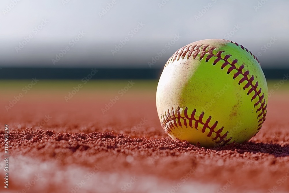 Poster close-up of a used softball resting on a reddish-brown infield dirt.