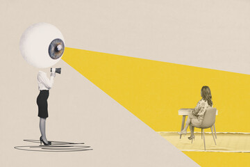 Composite art 3d creative image collage of boss girl instead head eyeball stare control employee...