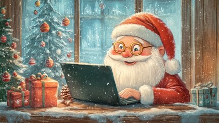 Santa checking and replying emails with a laptop computer at home with Christmas decoration.