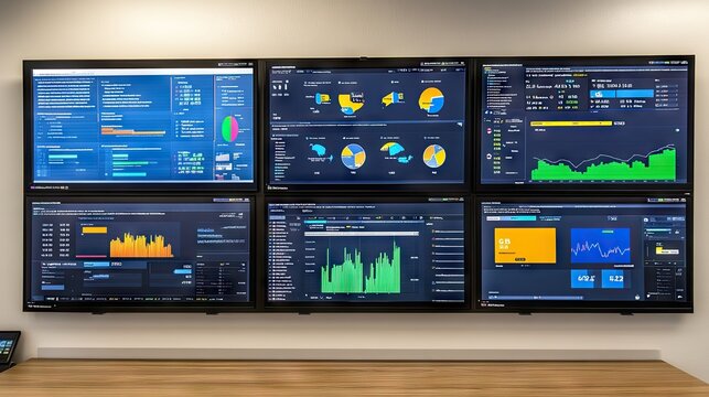 Data Analysis Dashboard with Multiple Screens Displaying Metrics
