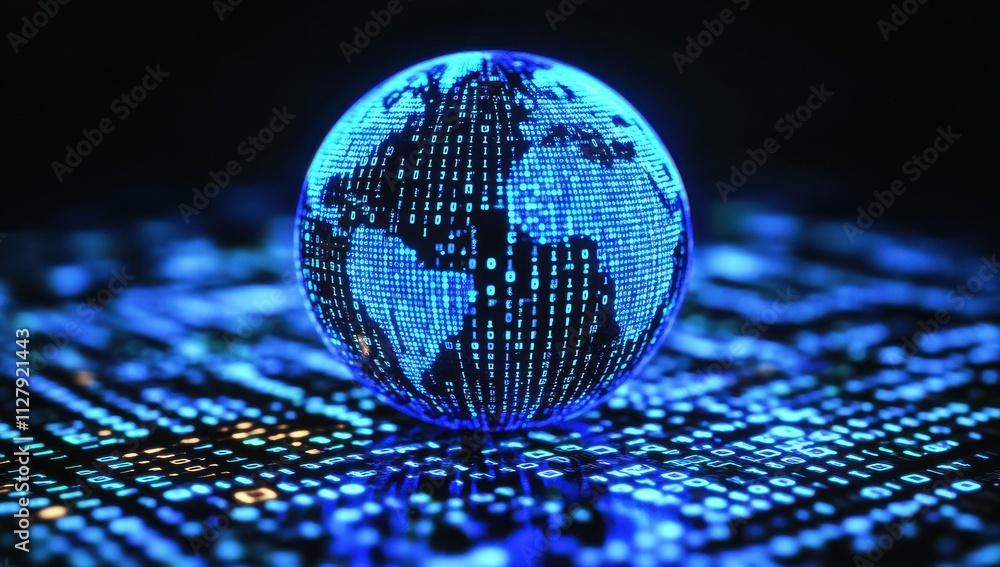Poster digital globe with glowing blue binary code pattern representing the modern world of technology and 