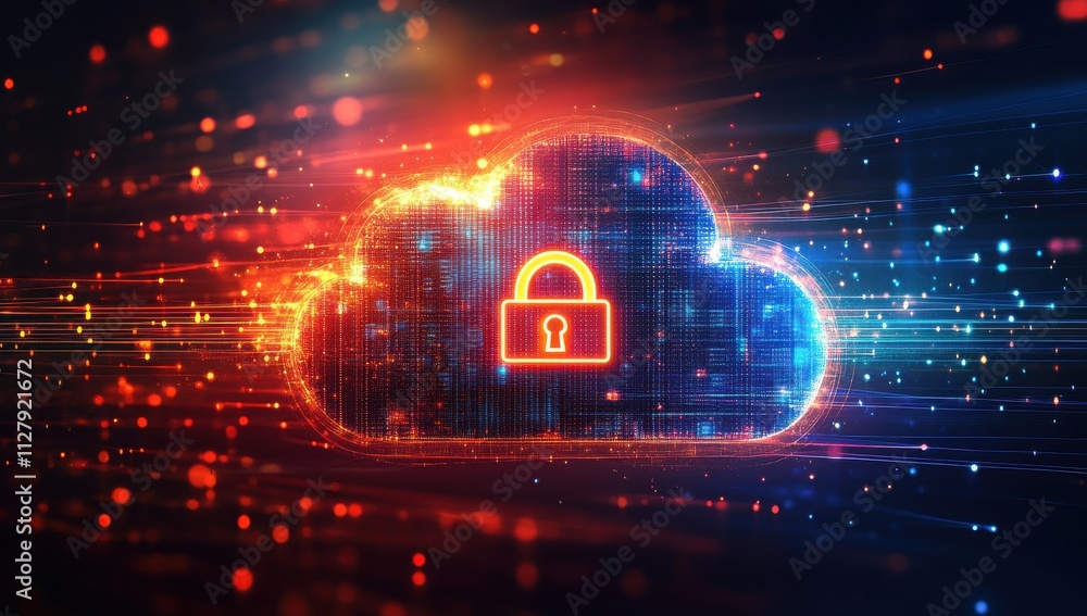 Poster digital representation of a secure cloud storage with an illuminated padlock, showcasing advanced te