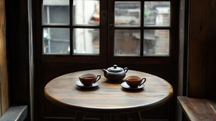 Fototapeta premium Tranquil Tea Setting at a Wooden Table Beside a Window