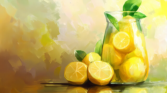Limones y un jarro de vidrio con limonada arte conceptual. Fresco. Illustration