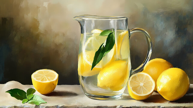 Limones y un jarro de vidrio con limonada arte conceptual. Fresco. Illustration