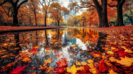 28.A tranquil autumn scene in Central Park, New York, with a reflective pond nestled among trees in full fall splendor. The trees, with golden and fiery red leaves, cast vivid reflections on the