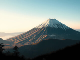 "MOUNT FUJI, JAPAN. ANIME PAINTING, MODERN, CONTRAST, STRONG LIGHT AND SHADOW, BEAUTIFUL PEACEFUL EVENING LIGHT, MAJESTIC, BREATHTAKING, 8K HIGH-QUALITY