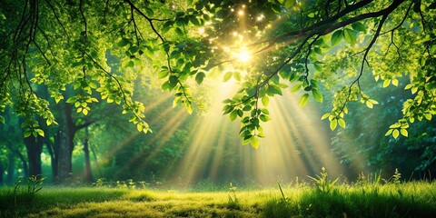 Sunbeams filtering through lush green leaves in a tranquil forest scene