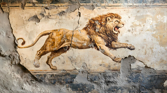 Old wall painting with hercules fighting lion, ancient greek or roman art. damaged cracked fresco with hero, artifact of past civilization. concept of mythology, history. Fresco. Illustration