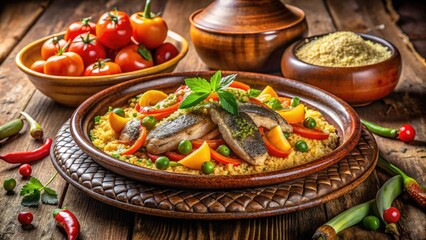 Capture the essence of Morocco:  photogenic couscous tagine with smoky fish and colorful vegetables.