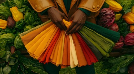 Fototapeta premium Autumnal Fabric Swatches with Fall Vegetables Greens