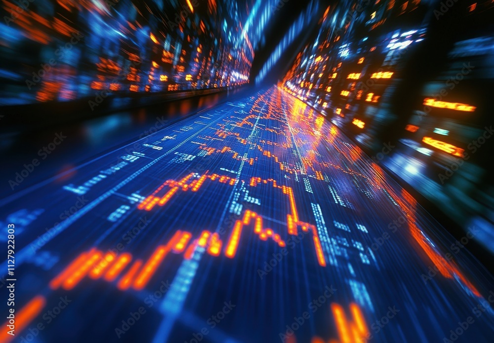 Poster dynamic electronic stock market data visualization with colorful trade graphs and abstract bright li