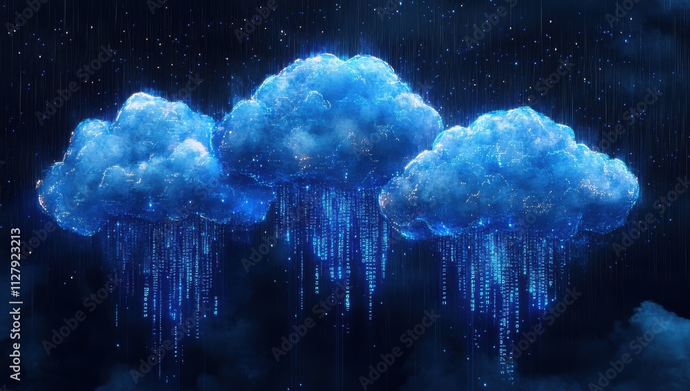 Poster ethereal blue clouds with digital rainfall creating a mystical scene of technology and nature in a s