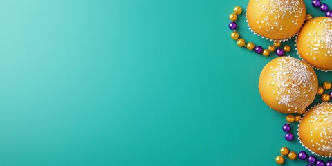 This image showcases bright yellow treats adorned with powdered sugar, surrounded by vibrant colorful beads that hint at festive celebrations and joyful gatherings.