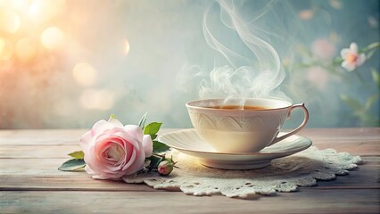 Fototapeta premium Serene Morning Tea Ritual with Delicate Pink Rose on Rustic Wooden Table