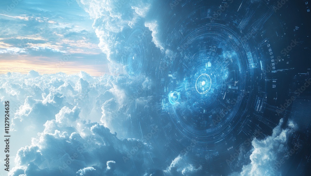 Aufkleber ethereal digital landscape with glowing circles and clouds, capturing the essence of a futuristic sk