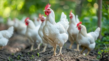 White Chickens in a Green Meadow.